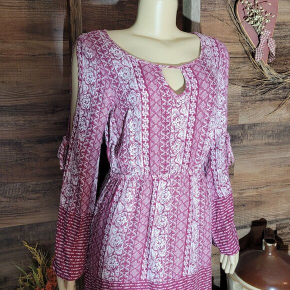 Pink Rose Floral Boho Shift Dress Size M Tie Sleeves Stretch Waist Country Girl - Picture 2 of 13
